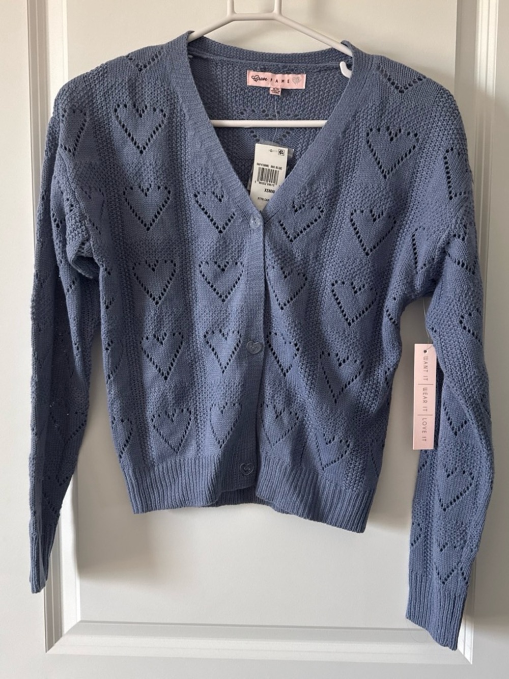 Love Token Women's Heart Pattern Blue Cardigan Sweater